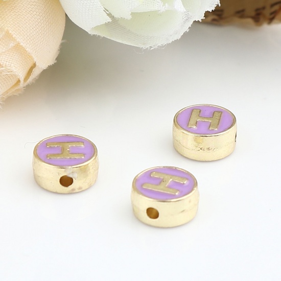 Picture of Zinc Based Alloy Spacer Beads Flat Round Gold Plated Purple Initial Alphabet/ Capital Letter Message " H " About 8mm Dia., Hole: Approx 1.5mm, 10 PCs