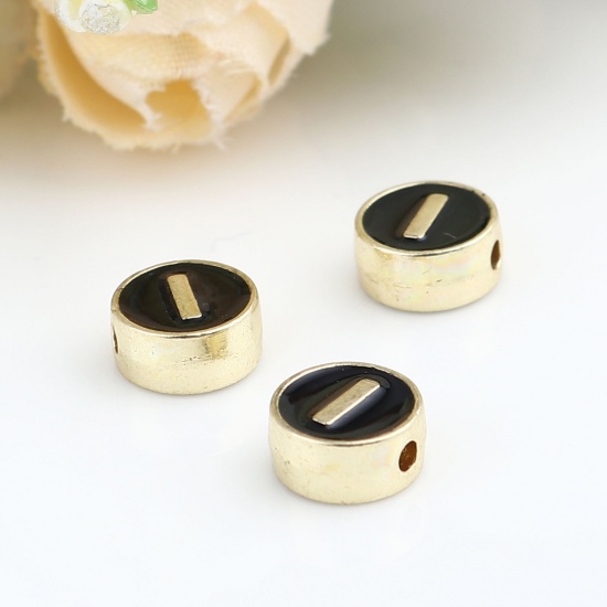 Picture of Zinc Based Alloy Spacer Beads Flat Round Gold Plated Black Initial Alphabet/ Capital Letter Message " I " About 8mm Dia., Hole: Approx 1.5mm, 10 PCs