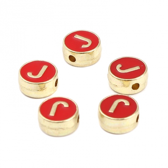 Picture of Zinc Based Alloy Spacer Beads Flat Round Gold Plated Red Initial Alphabet/ Capital Letter Message " J " About 8mm Dia., Hole: Approx 1.5mm, 10 PCs
