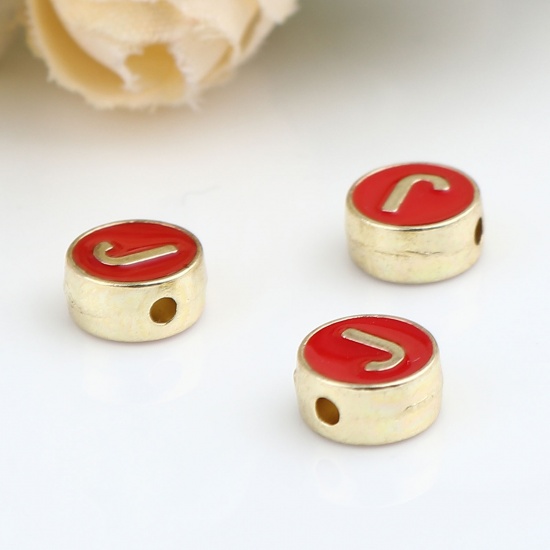 Picture of Zinc Based Alloy Spacer Beads Flat Round Gold Plated Red Initial Alphabet/ Capital Letter Message " J " About 8mm Dia., Hole: Approx 1.5mm, 10 PCs