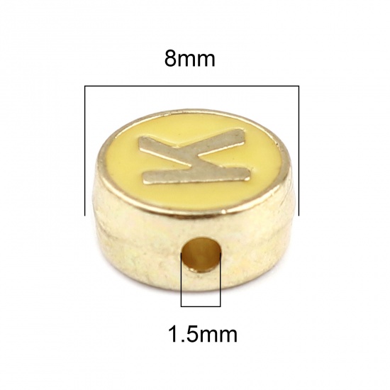 Picture of Zinc Based Alloy Spacer Beads Flat Round Gold Plated Yellow Initial Alphabet/ Capital Letter Message " K " About 8mm Dia., Hole: Approx 1.5mm, 10 PCs