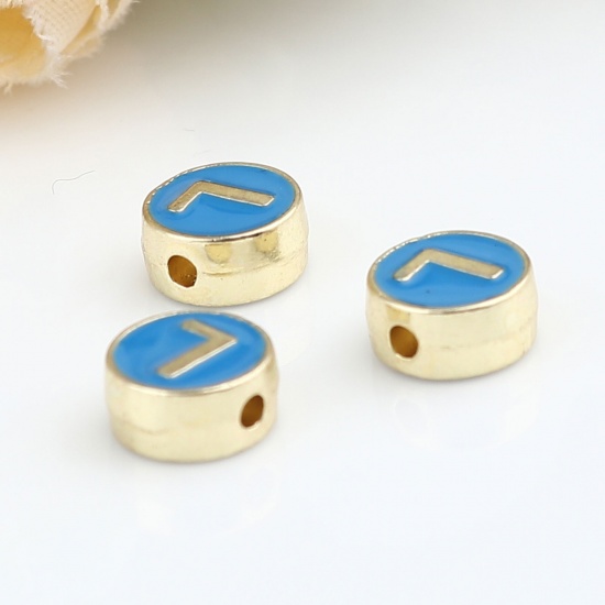 Picture of Zinc Based Alloy Spacer Beads Flat Round Gold Plated Blue Initial Alphabet/ Capital Letter Message " L " About 8mm Dia., Hole: Approx 1.5mm, 10 PCs