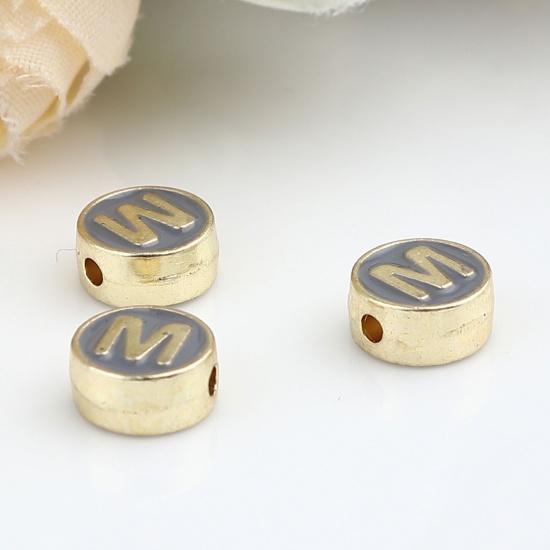 Picture of Zinc Based Alloy Spacer Beads Flat Round Gold Plated Gray Initial Alphabet/ Capital Letter Message " M " About 8mm Dia., Hole: Approx 1.5mm, 10 PCs