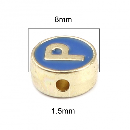Picture of Zinc Based Alloy Spacer Beads Flat Round Gold Plated Blue Initial Alphabet/ Capital Letter Message " P " About 8mm Dia., Hole: Approx 1.5mm, 10 PCs