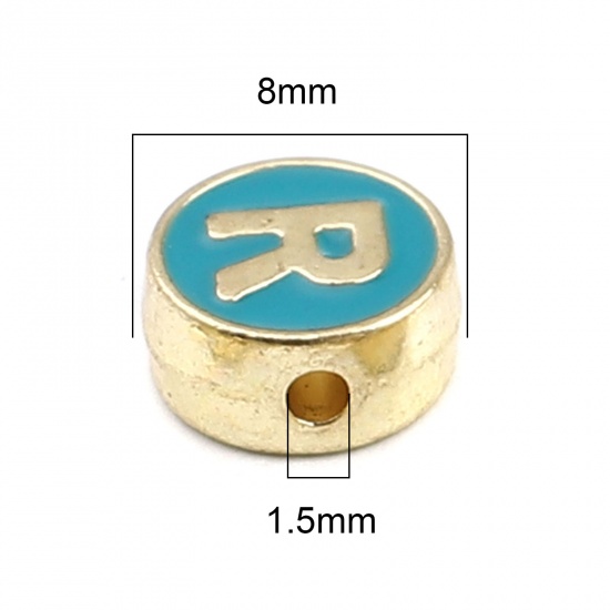 Picture of Zinc Based Alloy Spacer Beads Flat Round Gold Plated Green Initial Alphabet/ Capital Letter Message " R " About 8mm Dia., Hole: Approx 1.5mm, 10 PCs