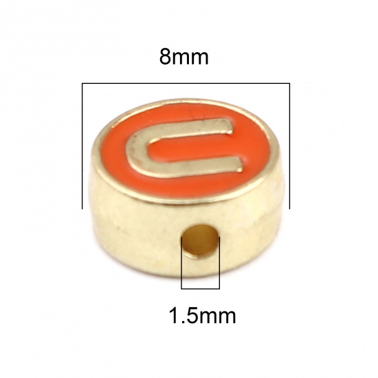 Picture of Zinc Based Alloy Spacer Beads Flat Round Gold Plated Orange Initial Alphabet/ Capital Letter Message " U " About 8mm Dia., Hole: Approx 1.5mm, 10 PCs