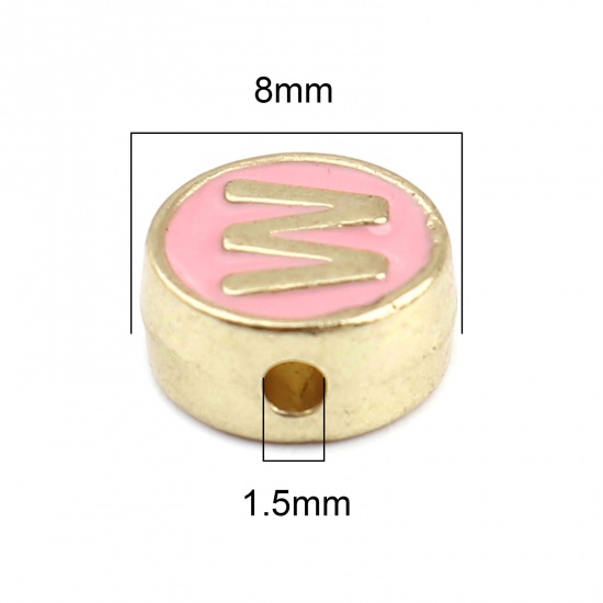 Picture of Zinc Based Alloy Spacer Beads Flat Round Gold Plated Pink Initial Alphabet/ Capital Letter Message " W " About 8mm Dia., Hole: Approx 1.5mm, 10 PCs