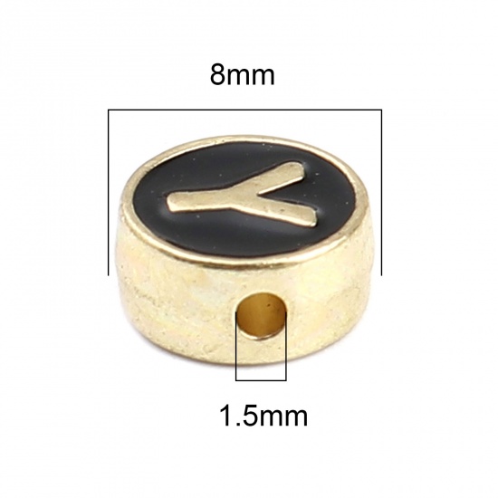 Picture of Zinc Based Alloy Spacer Beads Flat Round Gold Plated Black Initial Alphabet/ Capital Letter Message " Y " About 8mm Dia., Hole: Approx 1.5mm, 10 PCs