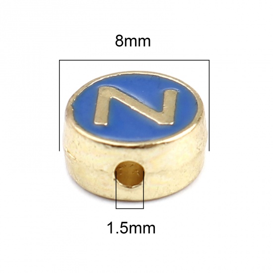 Picture of Zinc Based Alloy Spacer Beads Flat Round Gold Plated Blue Initial Alphabet/ Capital Letter Message " Z " About 8mm Dia., Hole: Approx 1.5mm, 10 PCs