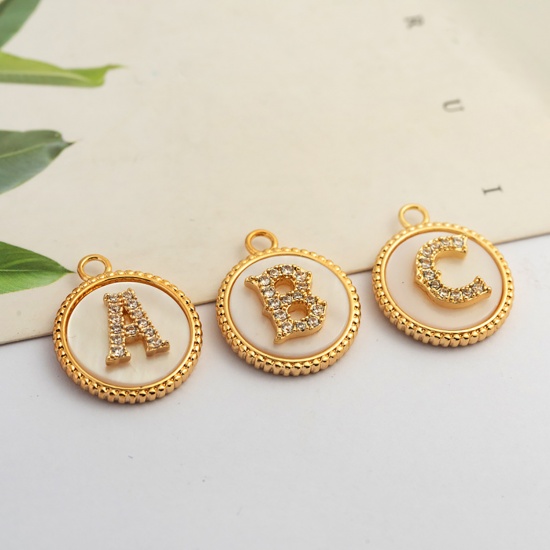 Picture of Brass Micro Pave Charms Real Gold Plated Round Initial Alphabet/ Capital Letter Message " G " Clear Rhinestone 5 PCs