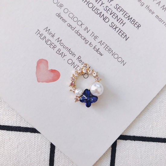 Picture of Zinc Based Alloy & Acrylic Insect Charms Circle Ring White Butterfly Imitation Pearl Dark Blue Rhinestone 23mm x 18mm, 2 PCs