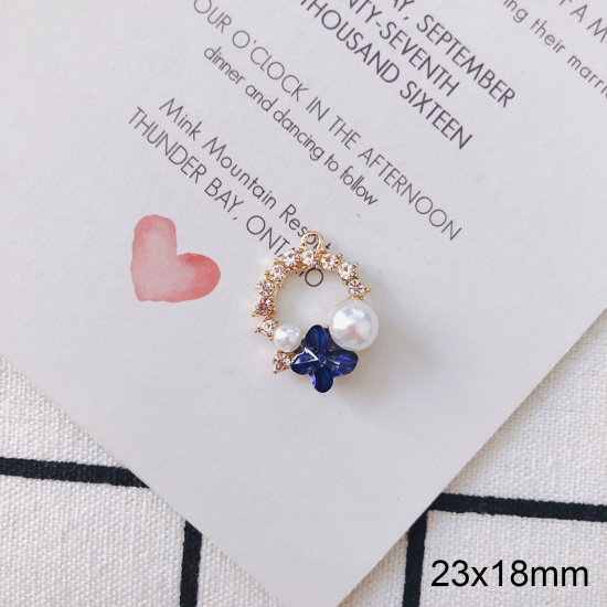 Picture of Zinc Based Alloy & Acrylic Insect Charms Circle Ring White Butterfly Imitation Pearl Dark Blue Rhinestone 23mm x 18mm, 2 PCs