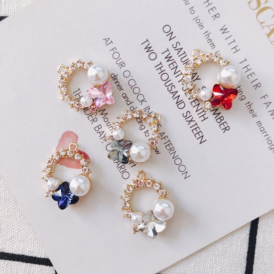 Picture of Zinc Based Alloy & Acrylic Insect Charms Circle Ring White Butterfly Imitation Pearl Red Rhinestone 23mm x 18mm, 2 PCs