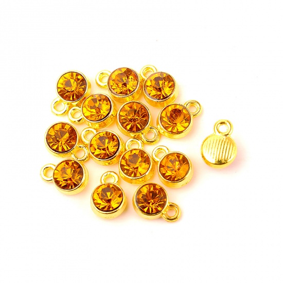 Picture of Zinc Based Alloy & Glass Birthstone Charms Round Gold Plated Orange November 10mm x 7mm, 20 PCs