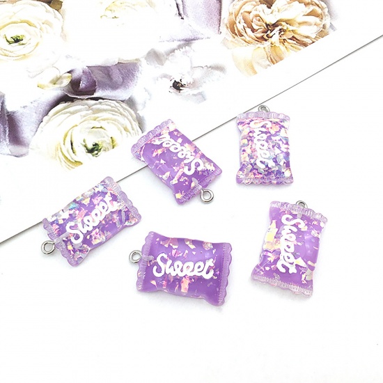 Picture of Zinc Based Alloy & Resin Charms Candy Purple Sequins 27mm x 16mm, 10 PCs