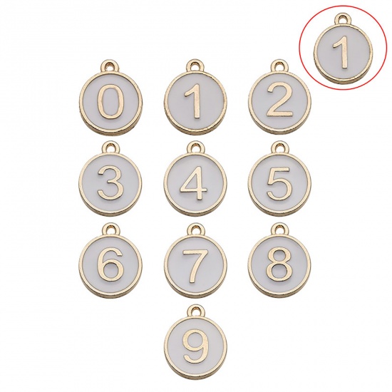 Immagine di Lega di Zinco Charms Tondo Oro Placcato Bianco Numero Lettere " 1 " Smalto 14mm x 12mm , 10 Pz