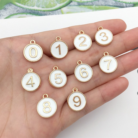 Immagine di Lega di Zinco Charms Tondo Oro Placcato Bianco Numero Lettere " 1 " Smalto 14mm x 12mm , 10 Pz