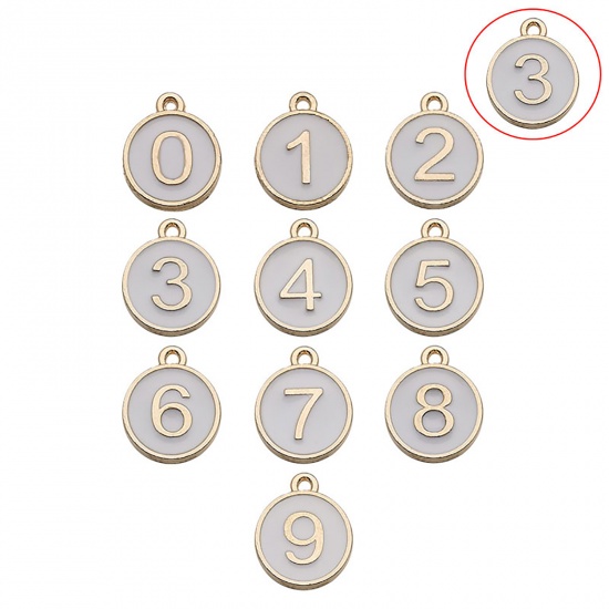 Immagine di Lega di Zinco Charms Tondo Oro Placcato Bianco Numero Lettere " 3 " Smalto 14mm x 12mm , 10 Pz