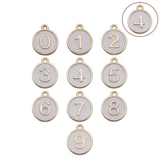 Immagine di Lega di Zinco Charms Tondo Oro Placcato Bianco Numero Lettere " 4 " Smalto 14mm x 12mm , 10 Pz