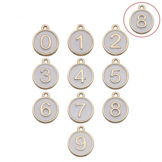 Immagine di Lega di Zinco Charms Tondo Oro Placcato Bianco Numero Lettere " 8 " Smalto 14mm x 12mm , 10 Pz