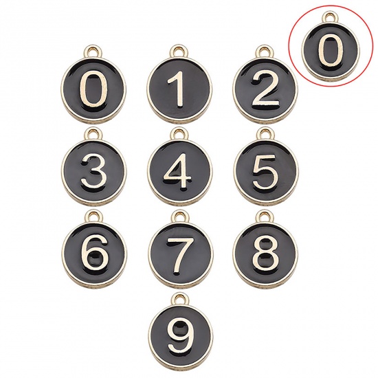 Immagine di Lega di Zinco Charms Tondo Oro Placcato Nero Numero Lettere " 0 " Smalto 14mm x 12mm , 10 Pz