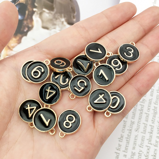 Immagine di Lega di Zinco Charms Tondo Oro Placcato Nero Numero Lettere " 0 " Smalto 14mm x 12mm , 10 Pz