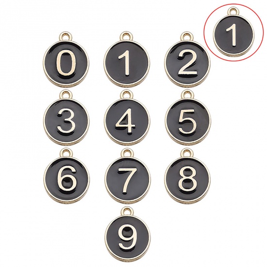 Immagine di Lega di Zinco Charms Tondo Oro Placcato Nero Numero Lettere " 1 " Smalto 14mm x 12mm , 10 Pz