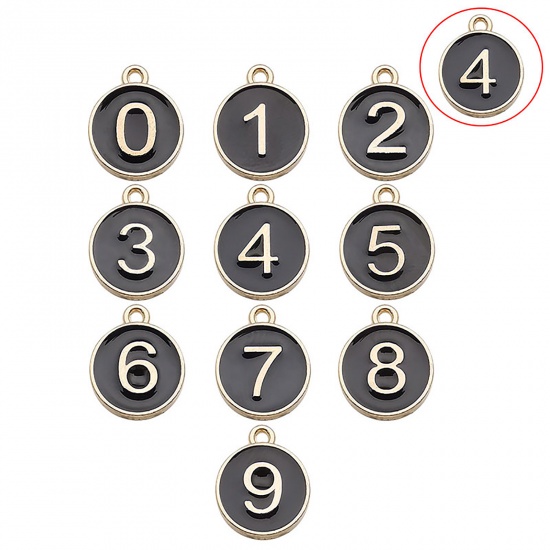 Immagine di Lega di Zinco Charms Tondo Oro Placcato Nero Numero Lettere " 4 " Smalto 14mm x 12mm , 10 Pz