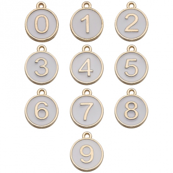 Immagine di Lega di Zinco Charms Tondo Oro Placcato Bianco Numero Smalto 14mm x 12mm , 1 Serie ( 10 Pz/Serie)