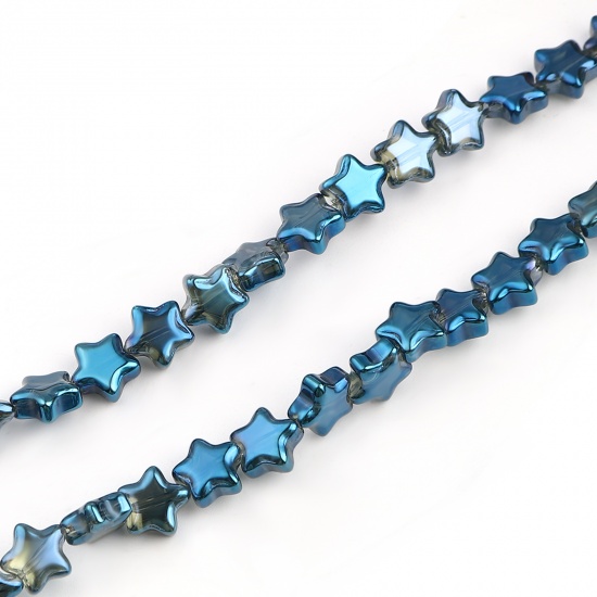 Изображение Стеклянные Бусины, Звезда Синий покрытие 9мм x 9мм, Отверстие:примерно 1.1мм, 70см - 69см длина, 1 Нитка (примерно 80 шт/нитка)