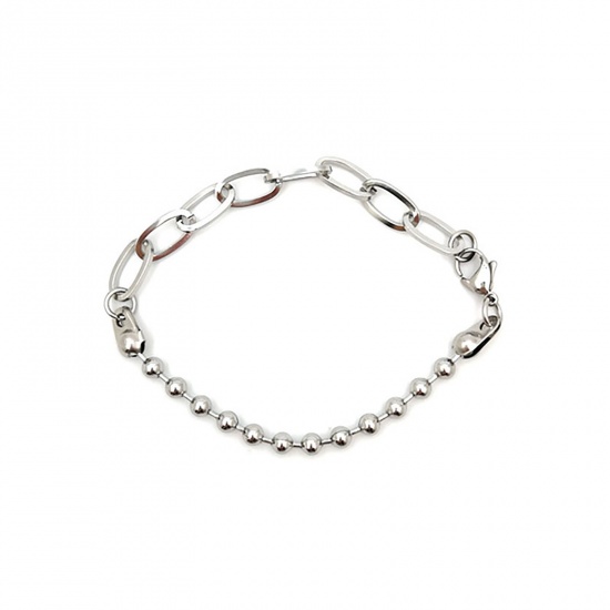 Picture of Stainless Steel Link Cable Chain And Bead Chain Findings Bracelets Silver Tone Oval 16cm(6 2/8") long, 1 Piece