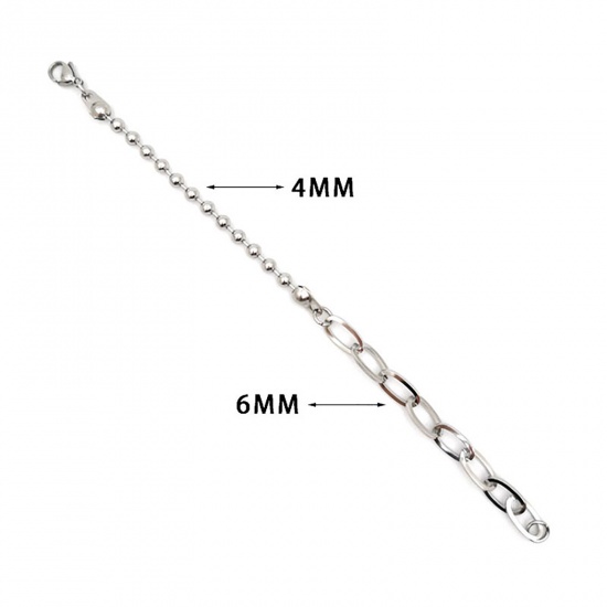 Picture of Stainless Steel Link Cable Chain And Bead Chain Findings Bracelets Silver Tone Oval 16cm(6 2/8") long, 1 Piece