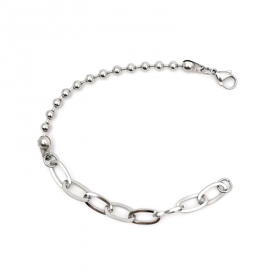 Picture of Stainless Steel Link Cable Chain And Bead Chain Findings Bracelets Silver Tone Oval 18cm(7 1/8") long, 1 Piece
