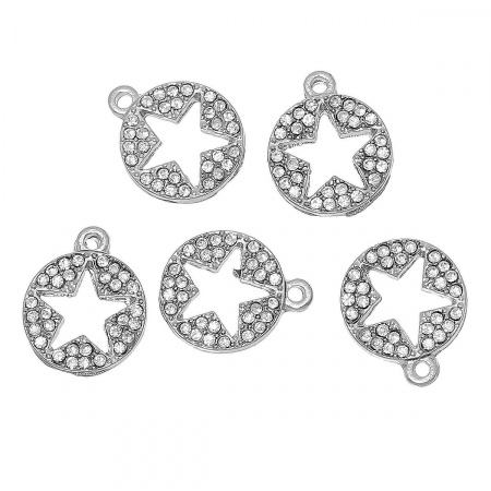 Zinc Metal Alloy Charms Round Silver Tone Pentagram Star Hollow Carved Clear Rhinestone 15mm( 5/8") x 13mm( 4/8"), 1 Piece