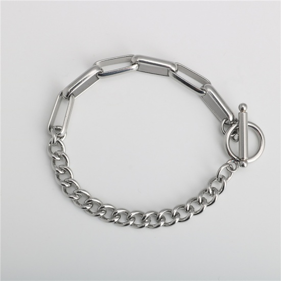 Picture of Stainless Steel Link Cable Chain And Curb Chain Findings Bracelets Silver Tone Oval 16cm(6 2/8") long, 1 Piece