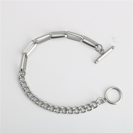 Picture of Stainless Steel Link Cable Chain And Curb Chain Findings Bracelets Silver Tone Oval 16cm(6 2/8") long, 1 Piece