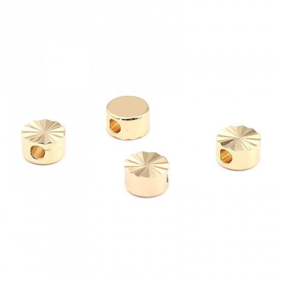 Picture of Brass Beads Flat Round 18K Real Gold Plated Carved Pattern About 5mm Dia, Hole: Approx 1.6mm, 10 PCs                                                                                                                                                          