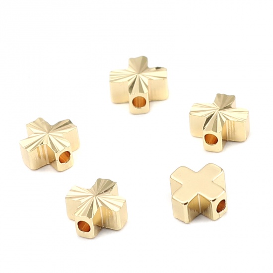 Picture of Brass Beads Cross 18K Real Gold Plated Carved Pattern About 6mm x 6mm, Hole: Approx 1.2mm, 10 PCs                                                                                                                                                             