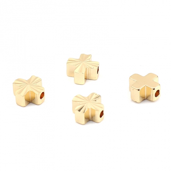 Picture of Brass Beads Cross 18K Real Gold Plated Carved Pattern About 6mm x 6mm, Hole: Approx 1.2mm, 10 PCs                                                                                                                                                             