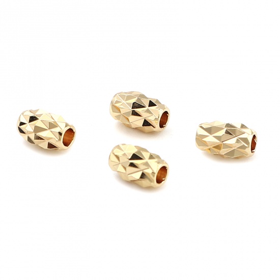 Picture of Brass Beads Barrel 18K Real Gold Plated Rhombus About 7mm x 4mm, Hole: Approx 2.1mm, 5 PCs                                                                                                                                                                    