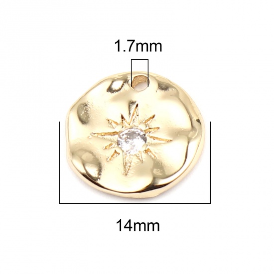 Picture of Brass Galaxy Charms 18K Real Gold Plated Round Sun Clear Rhinestone 14mm Dia., 2 PCs                                                                                                                                                                          