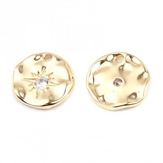 Picture of Brass Galaxy Charms 18K Real Gold Plated Round Sun Clear Rhinestone 14mm Dia., 2 PCs                                                                                                                                                                          