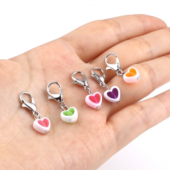 Picture of Zinc Based Alloy & Acrylic Knitting Stitch Markers Heart Silver Tone At Random Color Mixed 27mm x 9mm, 12 PCs