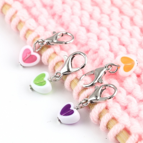 Picture of Zinc Based Alloy & Acrylic Knitting Stitch Markers Heart Silver Tone At Random Color Mixed 27mm x 9mm, 12 PCs
