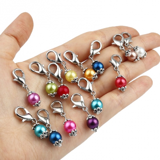 Picture of Zinc Based Alloy & Acrylic Knitting Stitch Markers Round Silver Tone At Random Color Mixed Pearlized 30mm x 9mm, 12 PCs