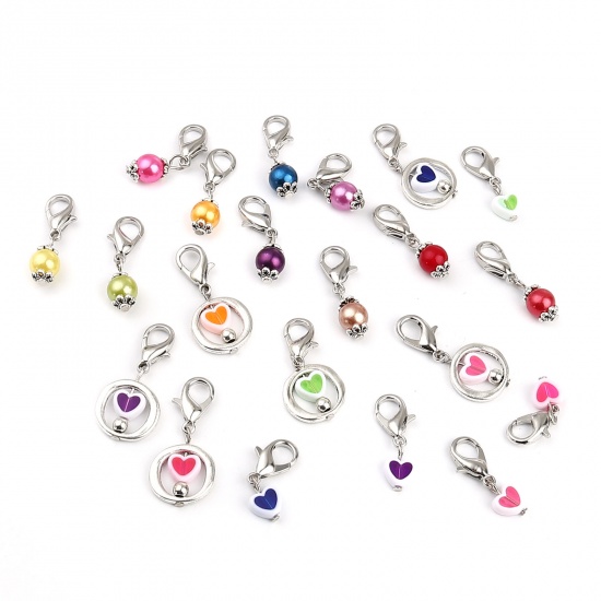 Picture of Zinc Based Alloy & Acrylic Knitting Stitch Markers Round Silver Tone At Random Color Mixed Pearlized 30mm x 9mm, 12 PCs