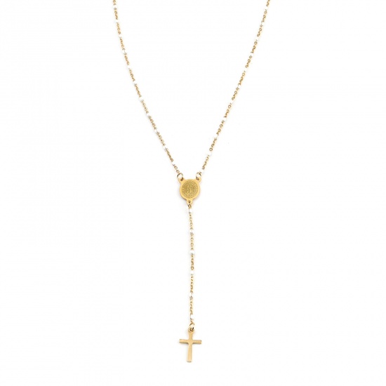 Picture of 1 Piece 304 Stainless Steel Religious Link Cable Chain Prayer Beads Rosary Necklace Gold Plated White Cross Virgin Mary Enamel 49cm(19 2/8") long