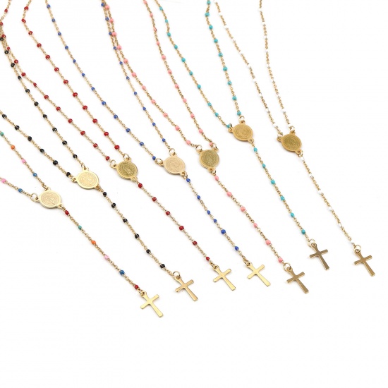 Picture of 1 Piece 304 Stainless Steel Religious Link Cable Chain Prayer Beads Rosary Necklace Gold Plated White Cross Virgin Mary Enamel 49cm(19 2/8") long