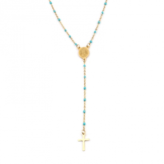Picture of 1 Piece 304 Stainless Steel Religious Link Cable Chain Prayer Beads Rosary Necklace Gold Plated Blue Cross Virgin Mary Enamel 49cm(19 2/8") long
