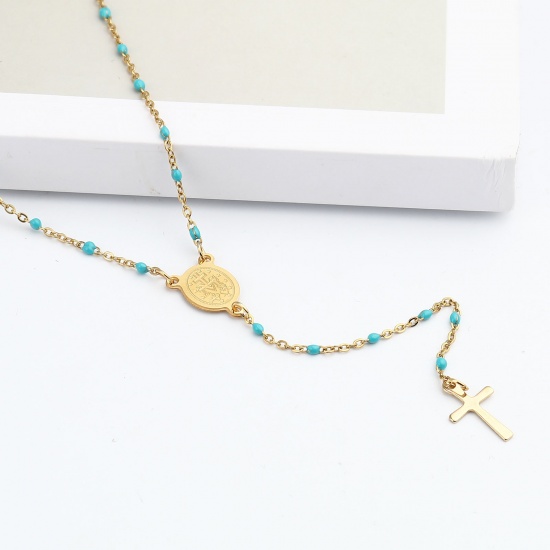 Picture of 1 Piece 304 Stainless Steel Religious Link Cable Chain Prayer Beads Rosary Necklace Gold Plated Blue Cross Virgin Mary Enamel 49cm(19 2/8") long